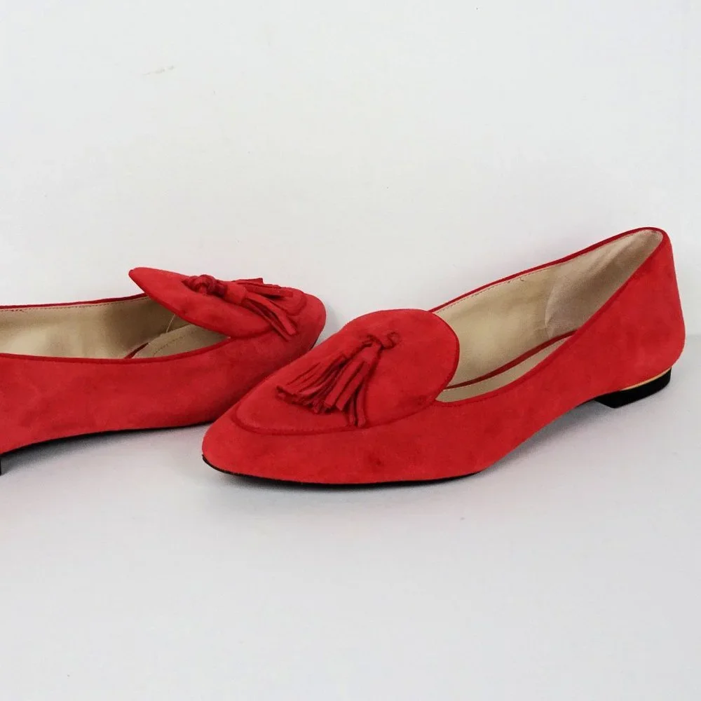 Jones New York Red Suede Leather Shoes Flats Loafers Moccasins 9.5 Sami Tassels - Picture 1 of 7
